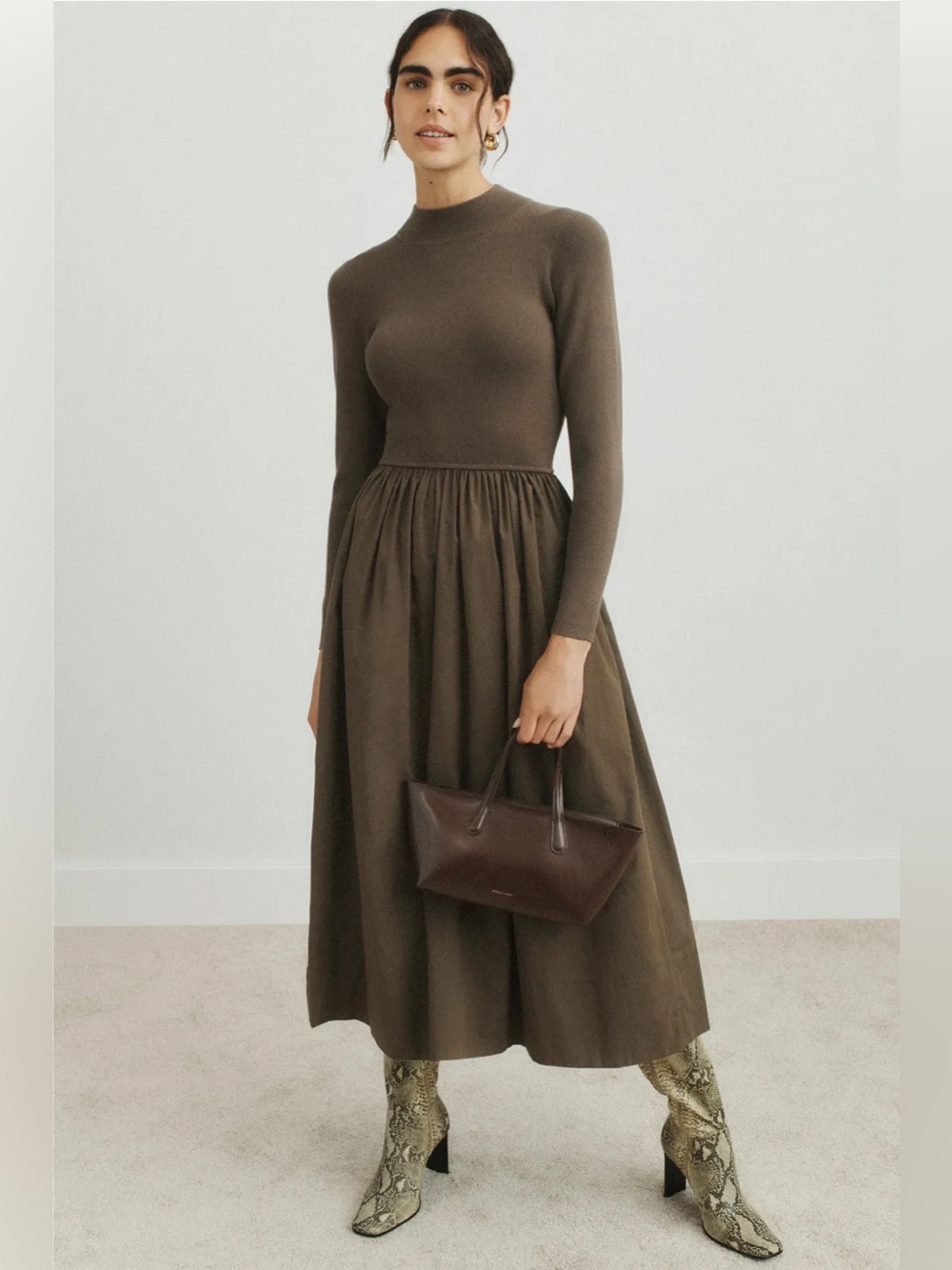 Marie Oliver Barrett mock neck multimedia dress in Olive Green Brown size L - Picture 2 of 12